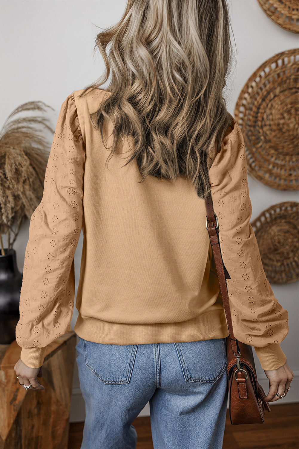 Sweat-shirt uni à manches patchwork et col rond