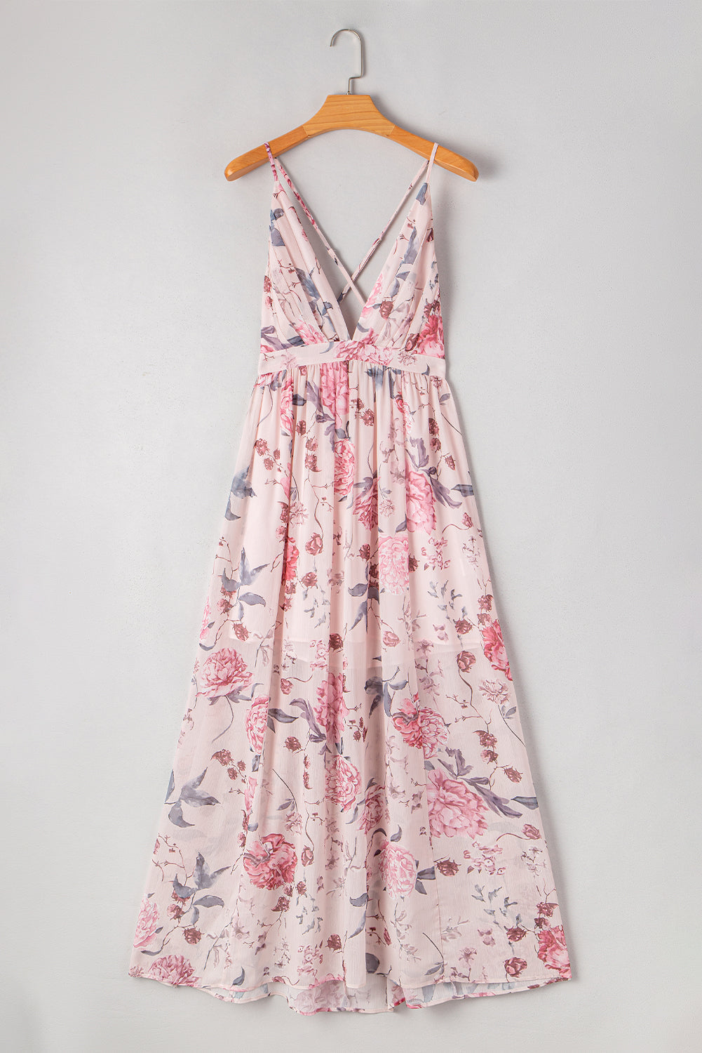 Robe longue plissée à fleurs, décolleté en V profond, taille empire, dos nu