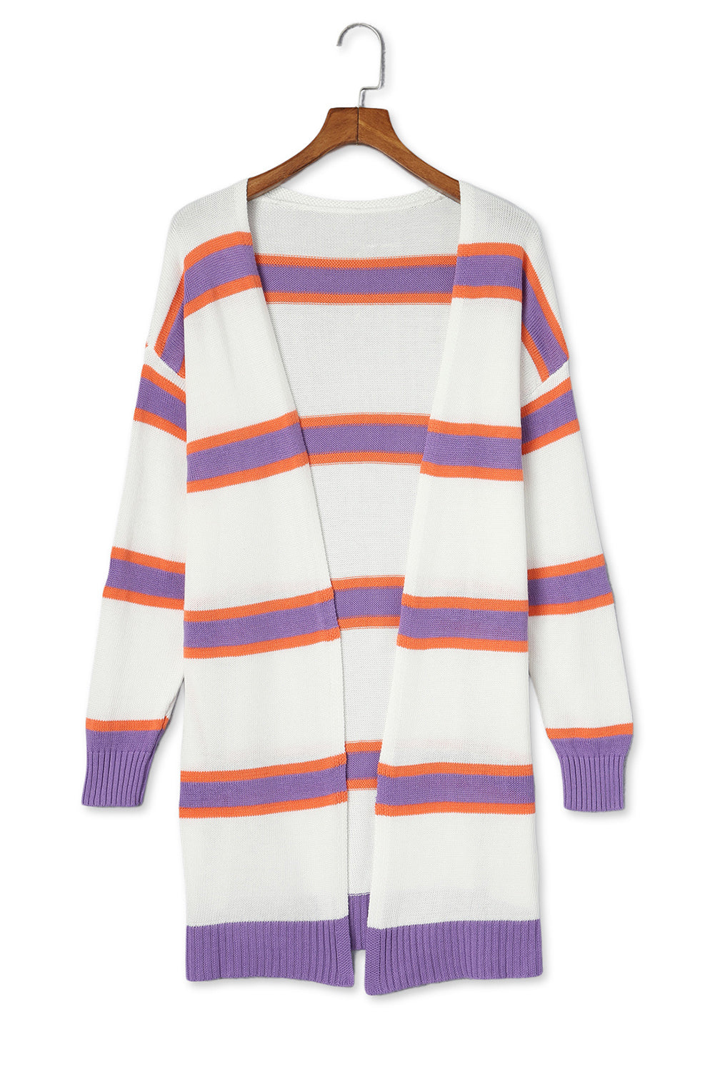Cardigan rayé beige à manches longues et boutons à bordure côtelée