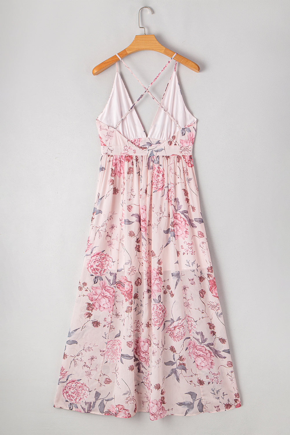 Robe longue plissée à fleurs, décolleté en V profond, taille empire, dos nu