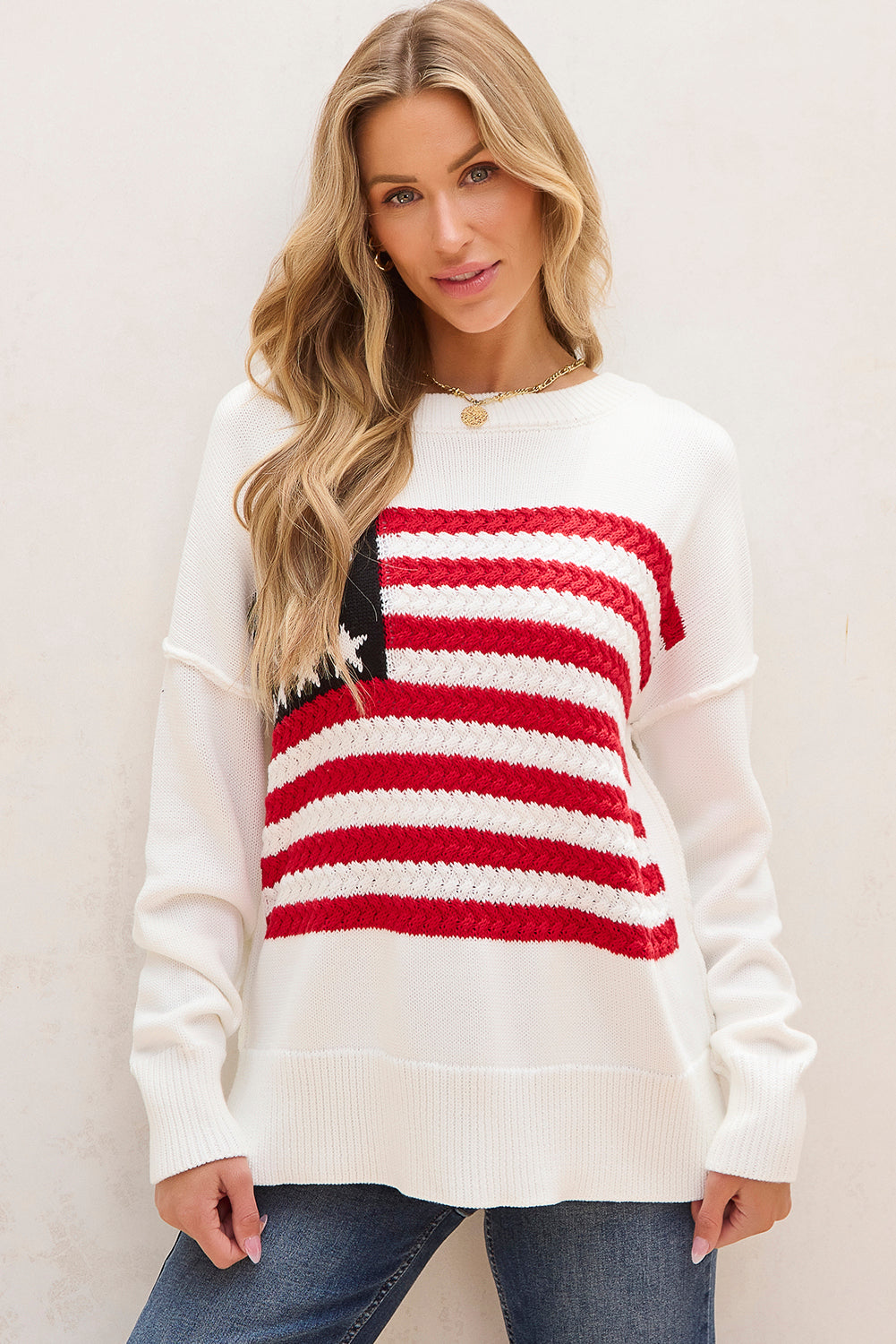 Pull à épaules tombantes en tricot torsadé drapeau américain