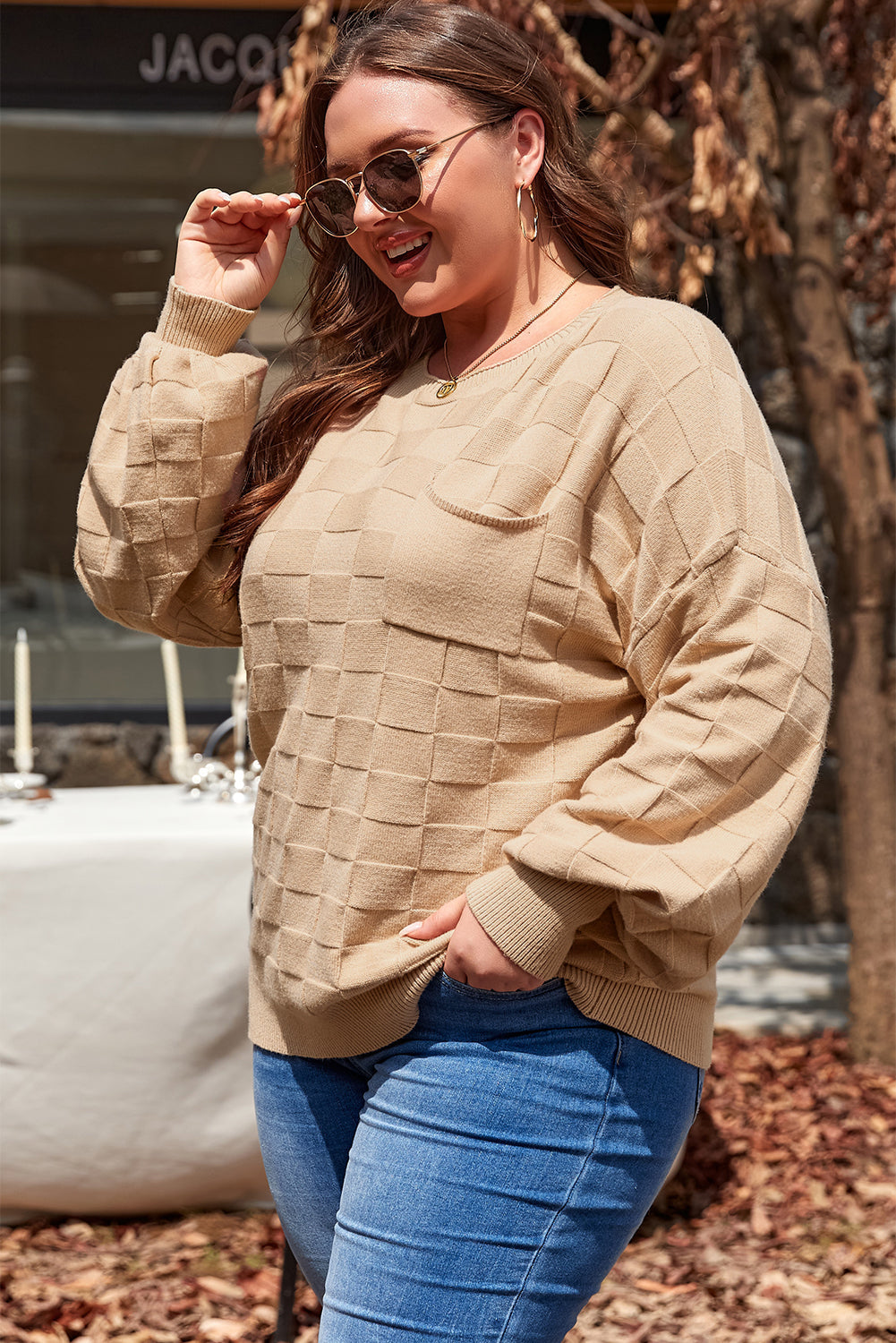 Pull en Tricot Texturé à Carreaux Uni de Grande Taille