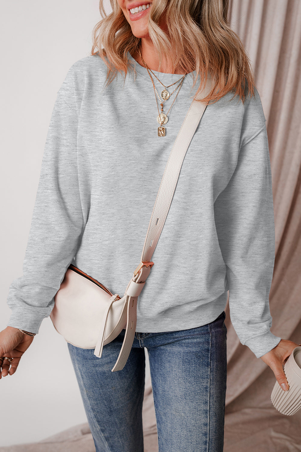 Sweat-shirt en tissu éponge à épaules tombantes doublé de polaire uni