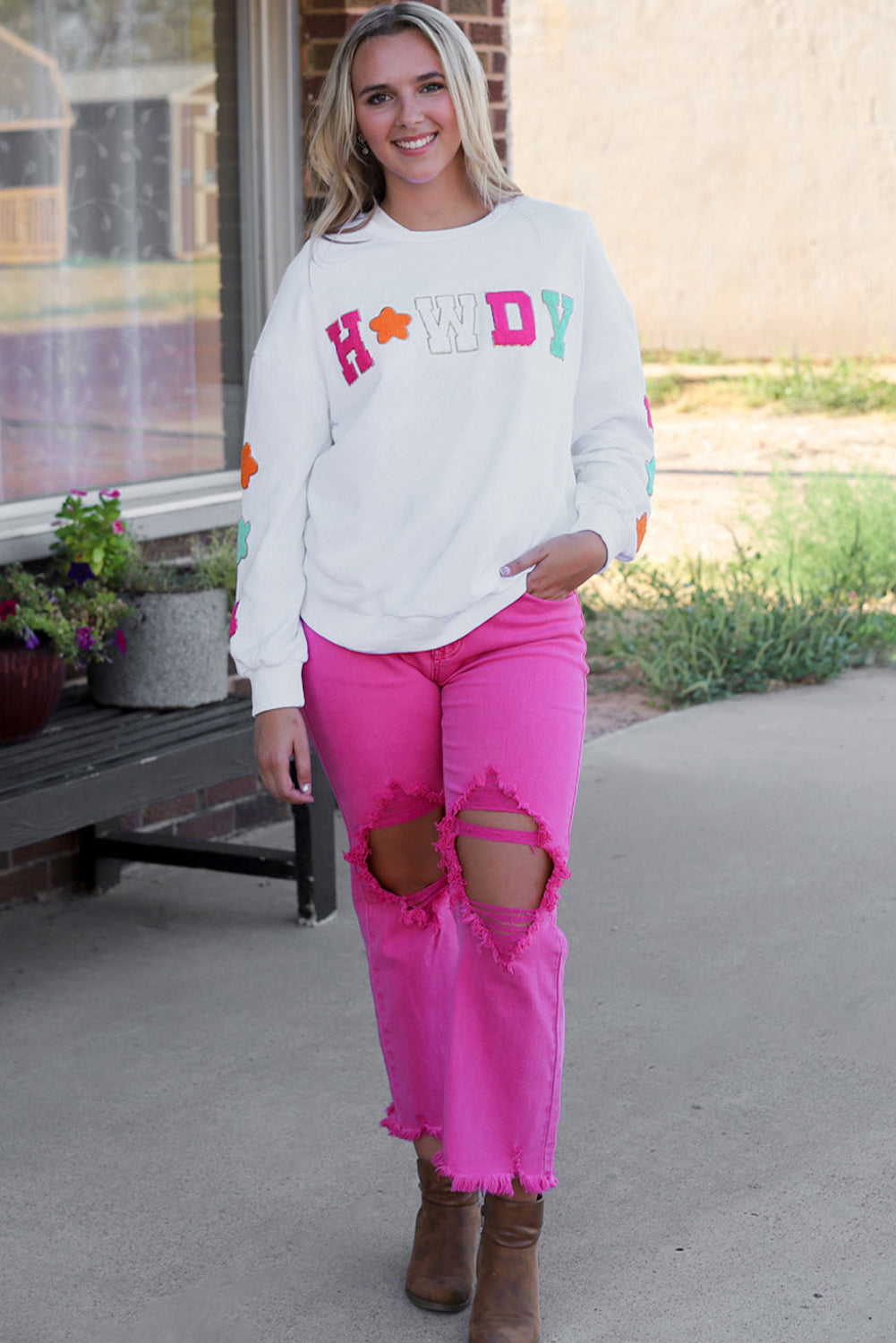 Sweat-shirt décontracté à motif chenille pailleté Howdy