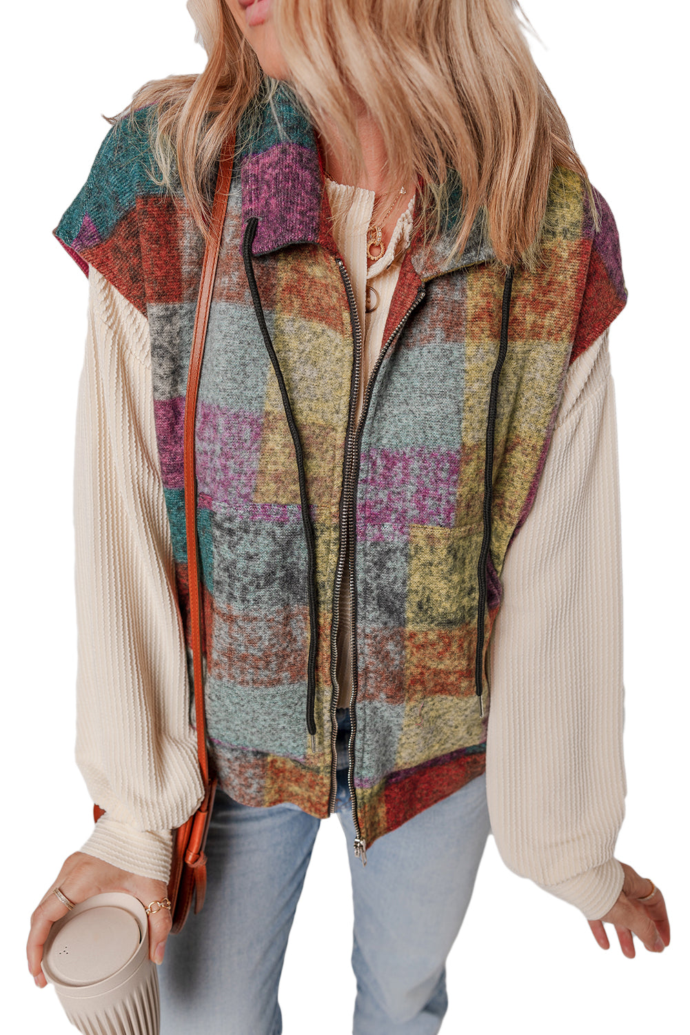 Gilet ample zippé a carreaux et poches latérales