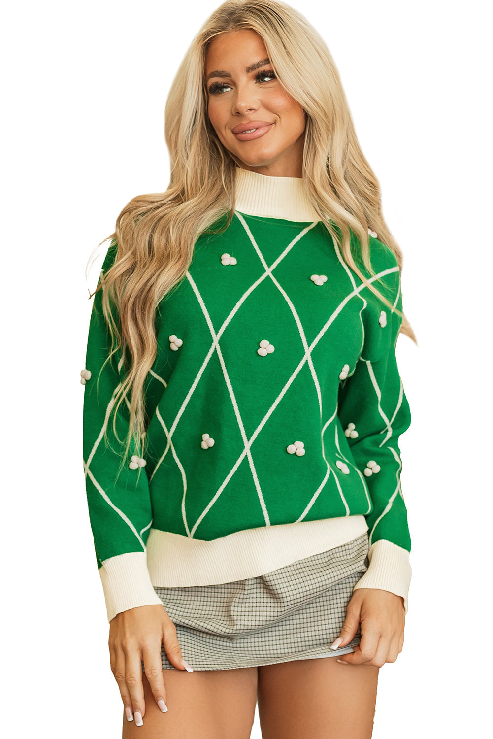 Pull a col haut avec bordure contrastée et accents de pompons a motif diamant