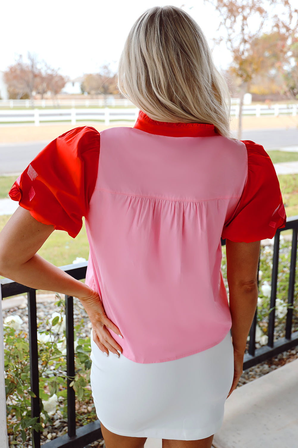 Chemisier babydoll à manches bouffantes et col en V brodé de fleurs