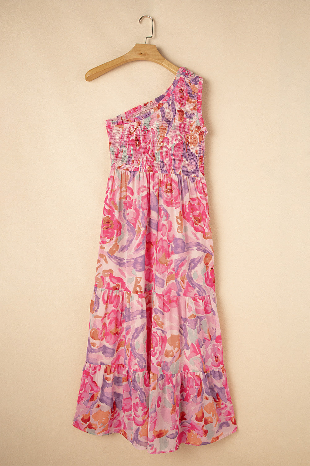 Robe longue asymétrique froncée à imprimé floral abstrait