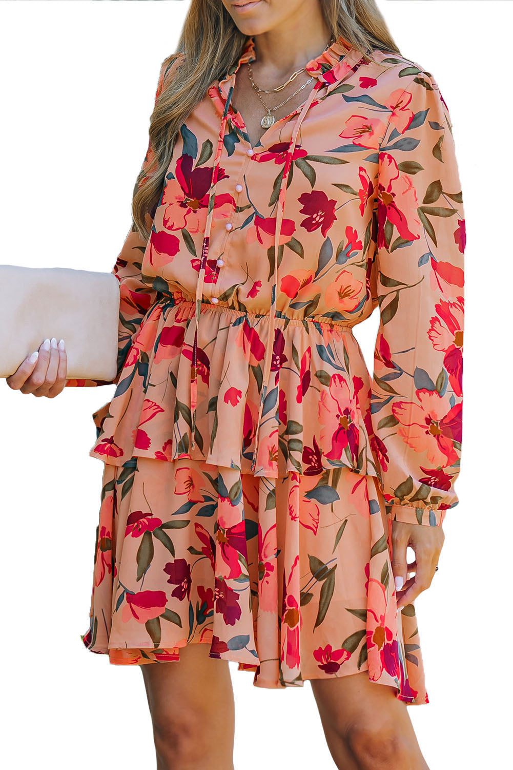 Robe florale à manches longues et col à volants rouge ardent avec volant