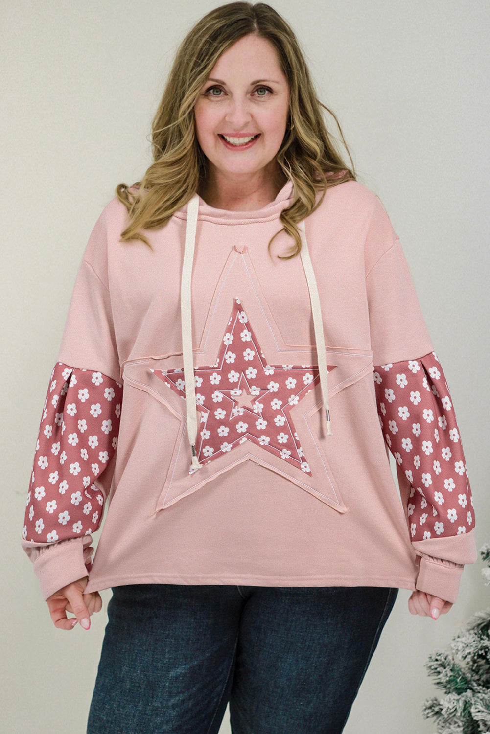 Sweat a Capuche a Cordon de Couleur Floral Graphique a Patch Étoile de Grande Taille