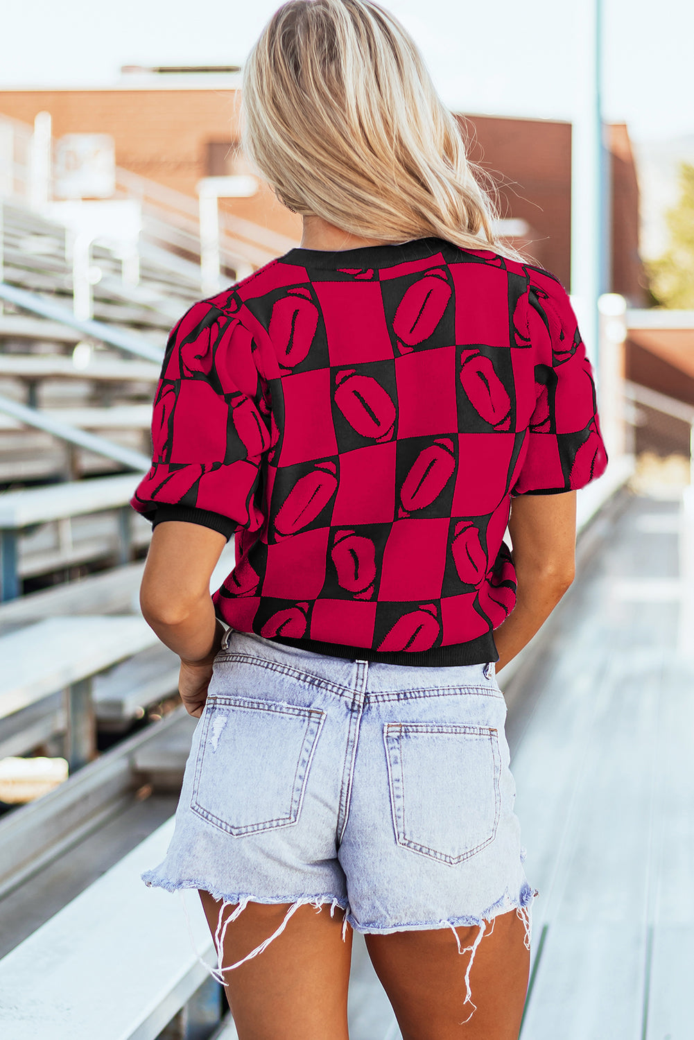 Pull a manches courtes bouffantes en blocs de couleurs a carreaux Rugby