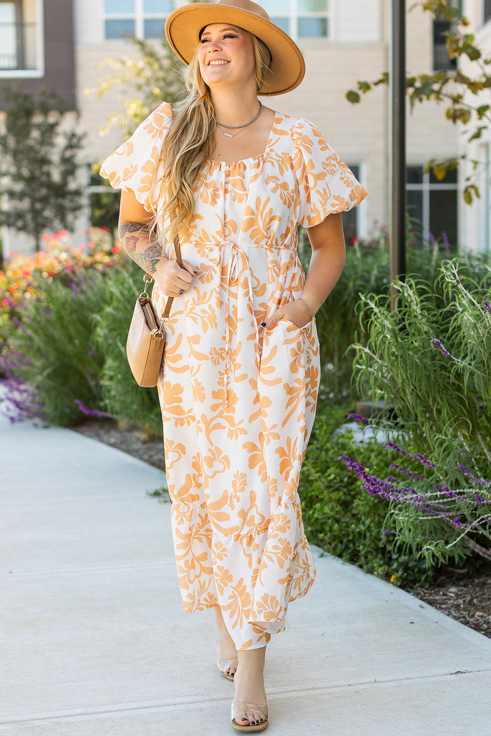 Robe longue de villégiature a manches courtes bouffantes et imprimé floral, grande taille