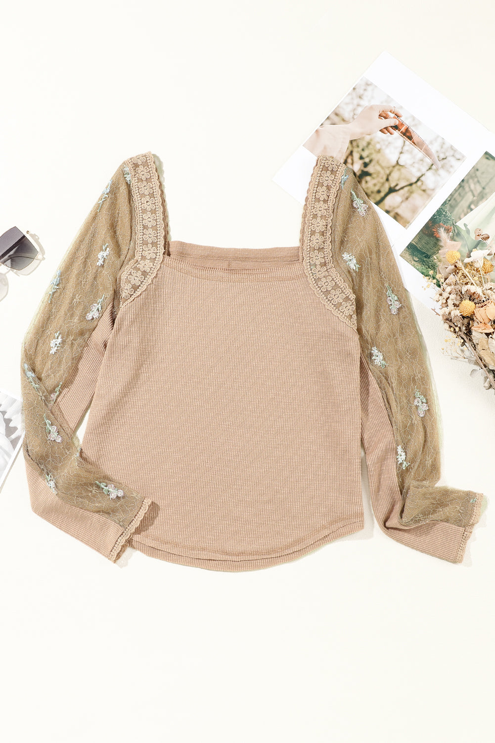 Haut en tricot cotelé patchwork à manches en gaze florale