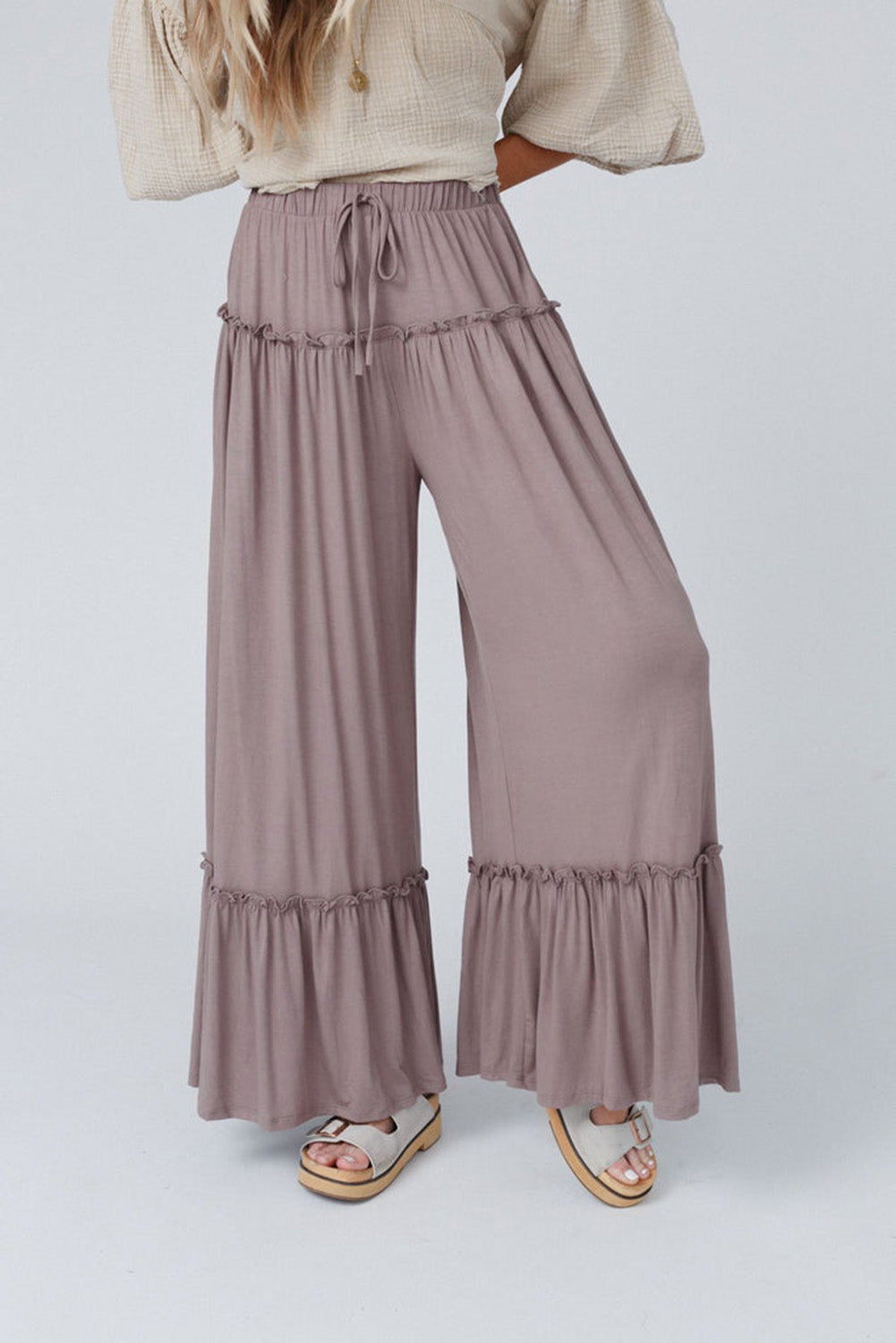 Pantalon large taille haute avec cordon de serrage et volants