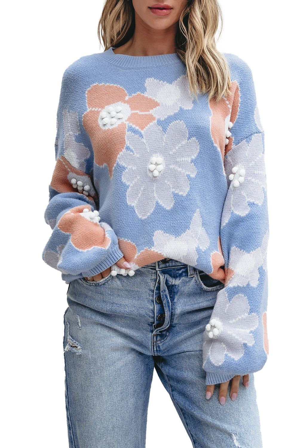 Pull tricoté fleuri a col rond et épaules tombantes