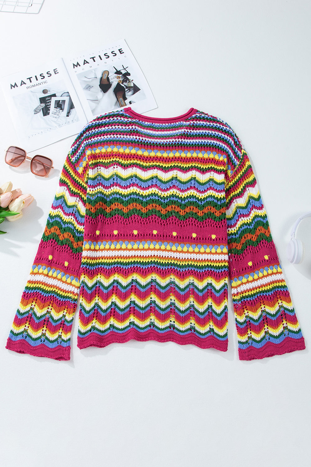 Pull a manches amples en tricot ajouré a rayures color block