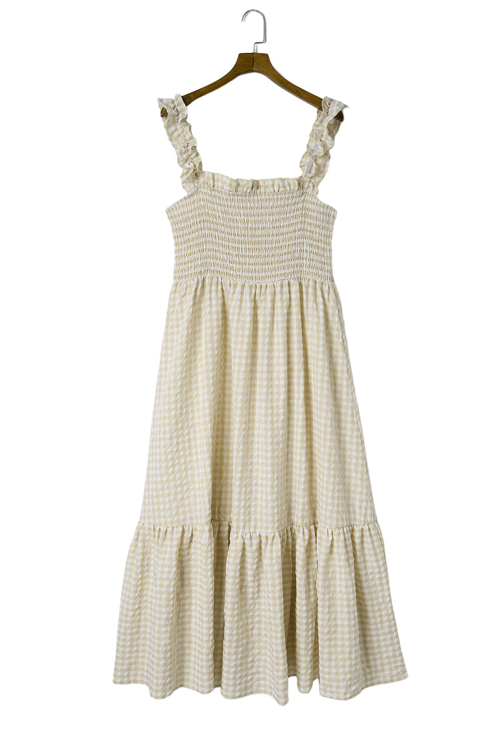 Robe longue smockée à carreaux et manches à volants
