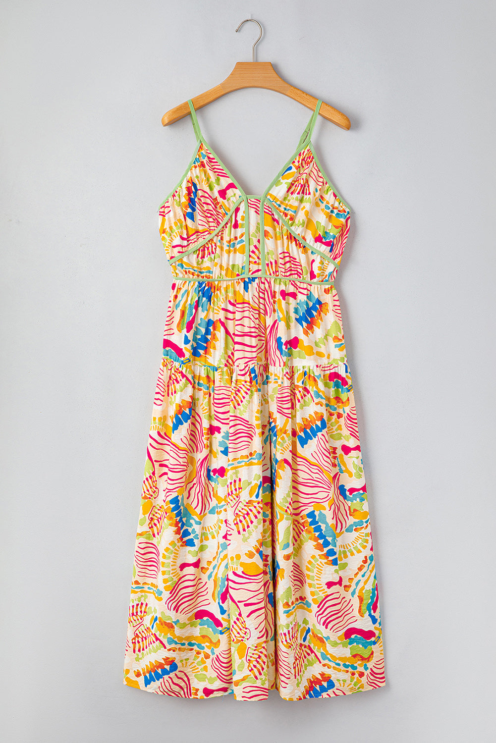 Robe longue à bretelles spaghetti et imprimé abstrait avec détails passepoilés