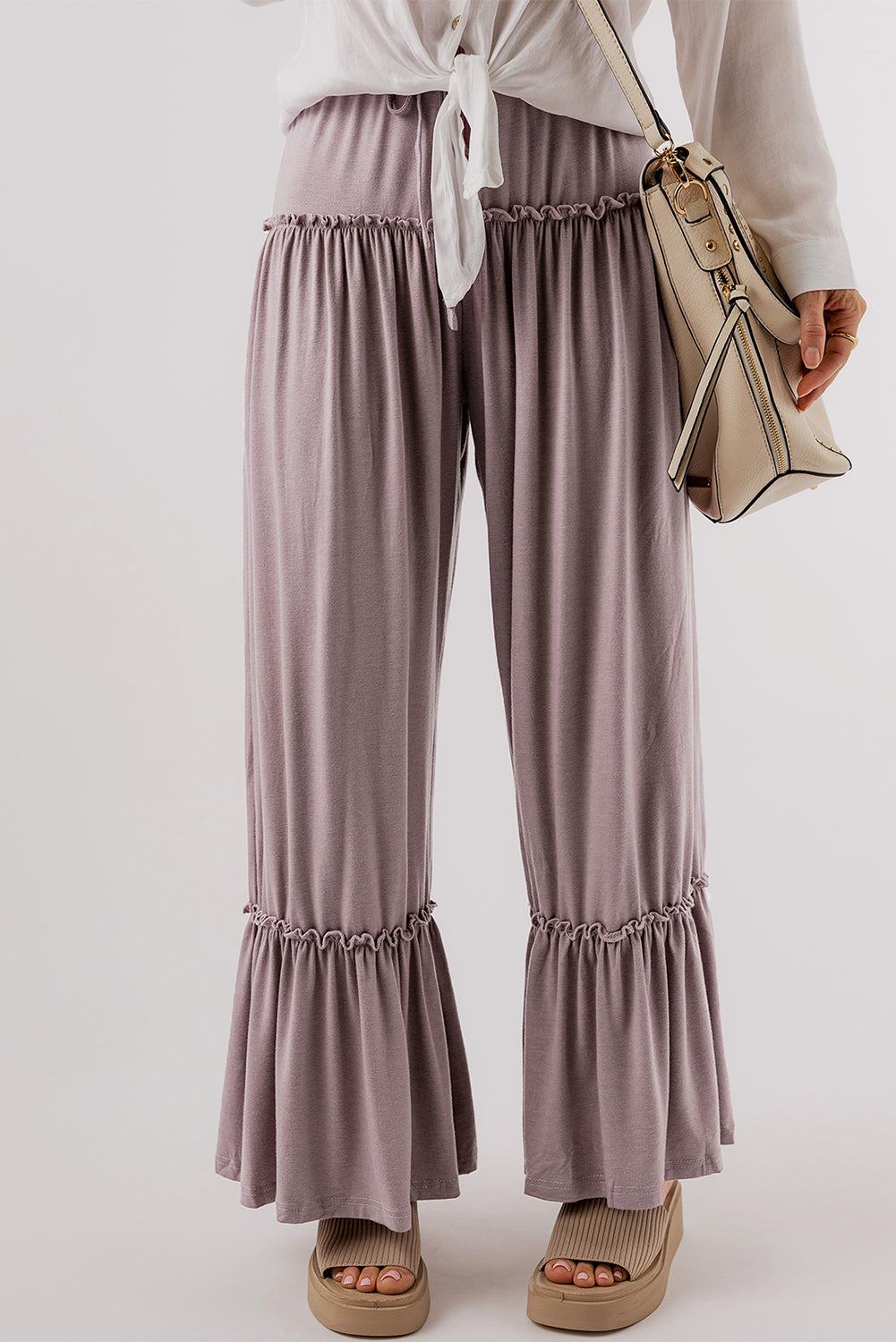 Pantalon large taille haute avec cordon de serrage et volants