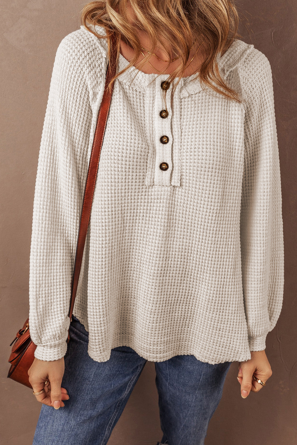 Blouse ample à manches raglan boutonnée sur le devant en tricot gaufré