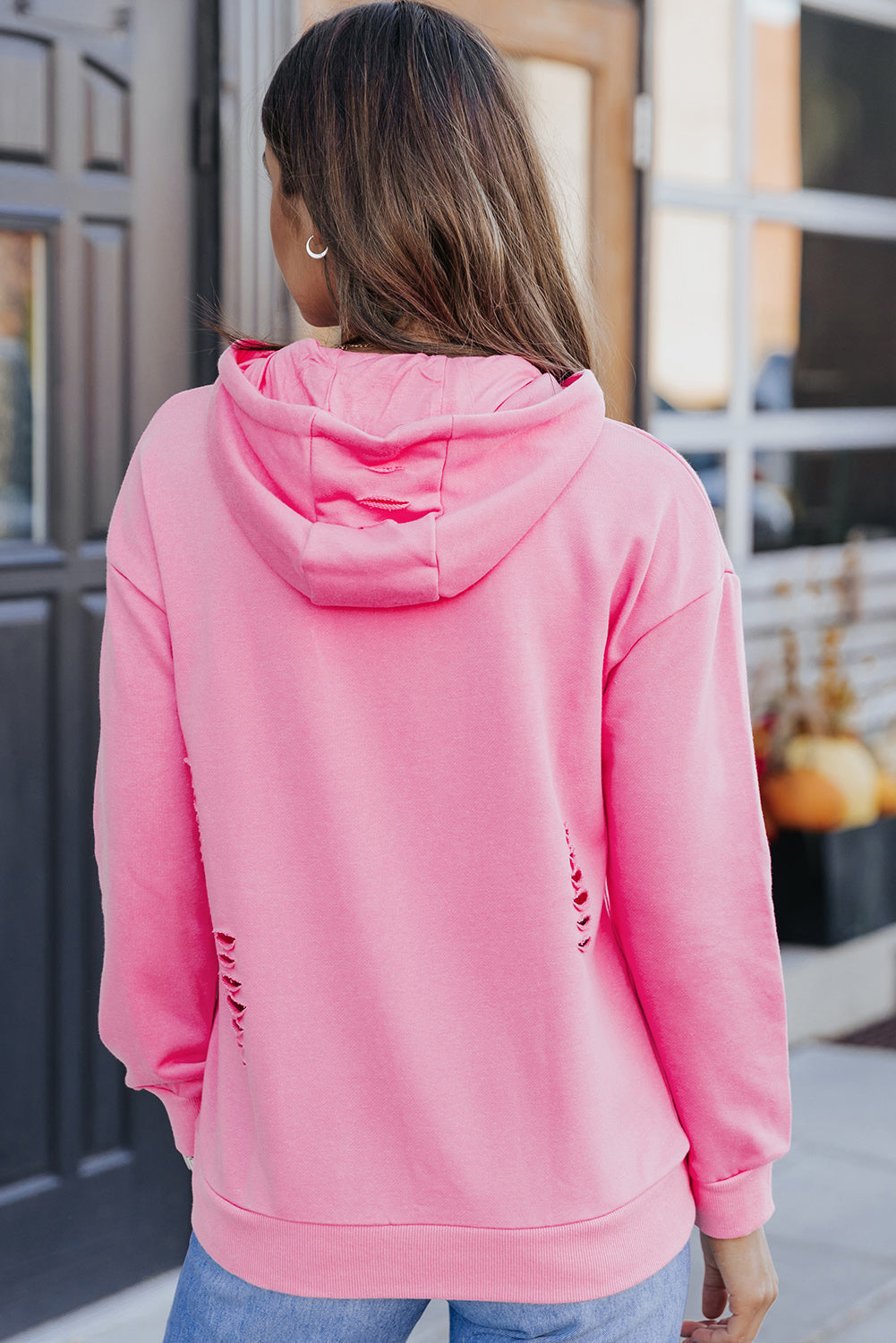 Sweat-shirt à capuche déchiré uni avec poche kangourou