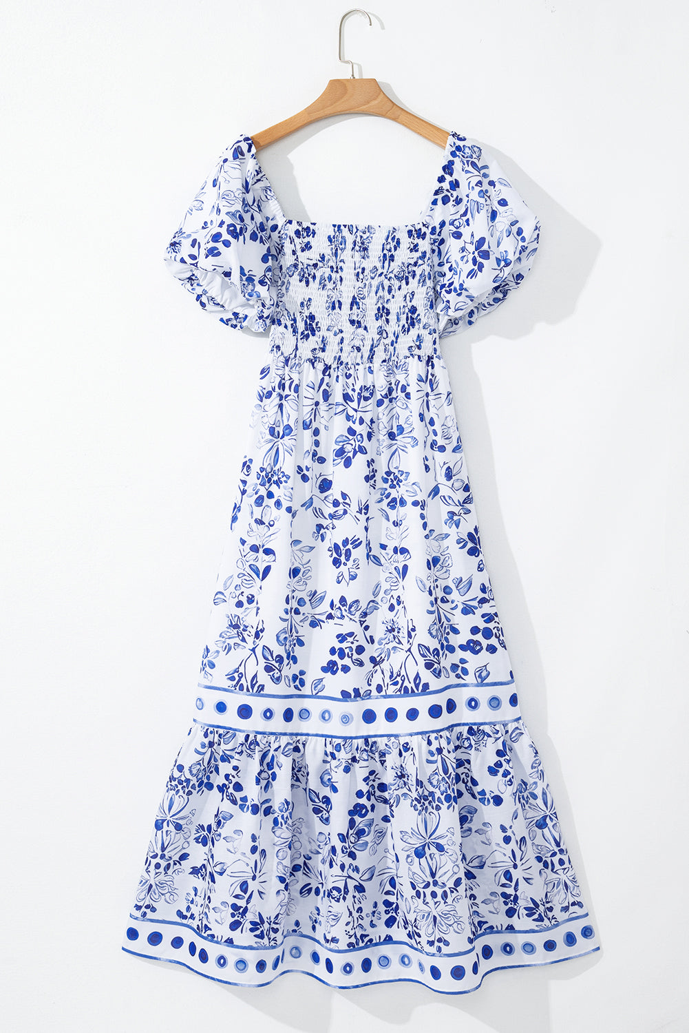 Robe longue à imprimé floral, col carré, manches bouffantes, taille haute