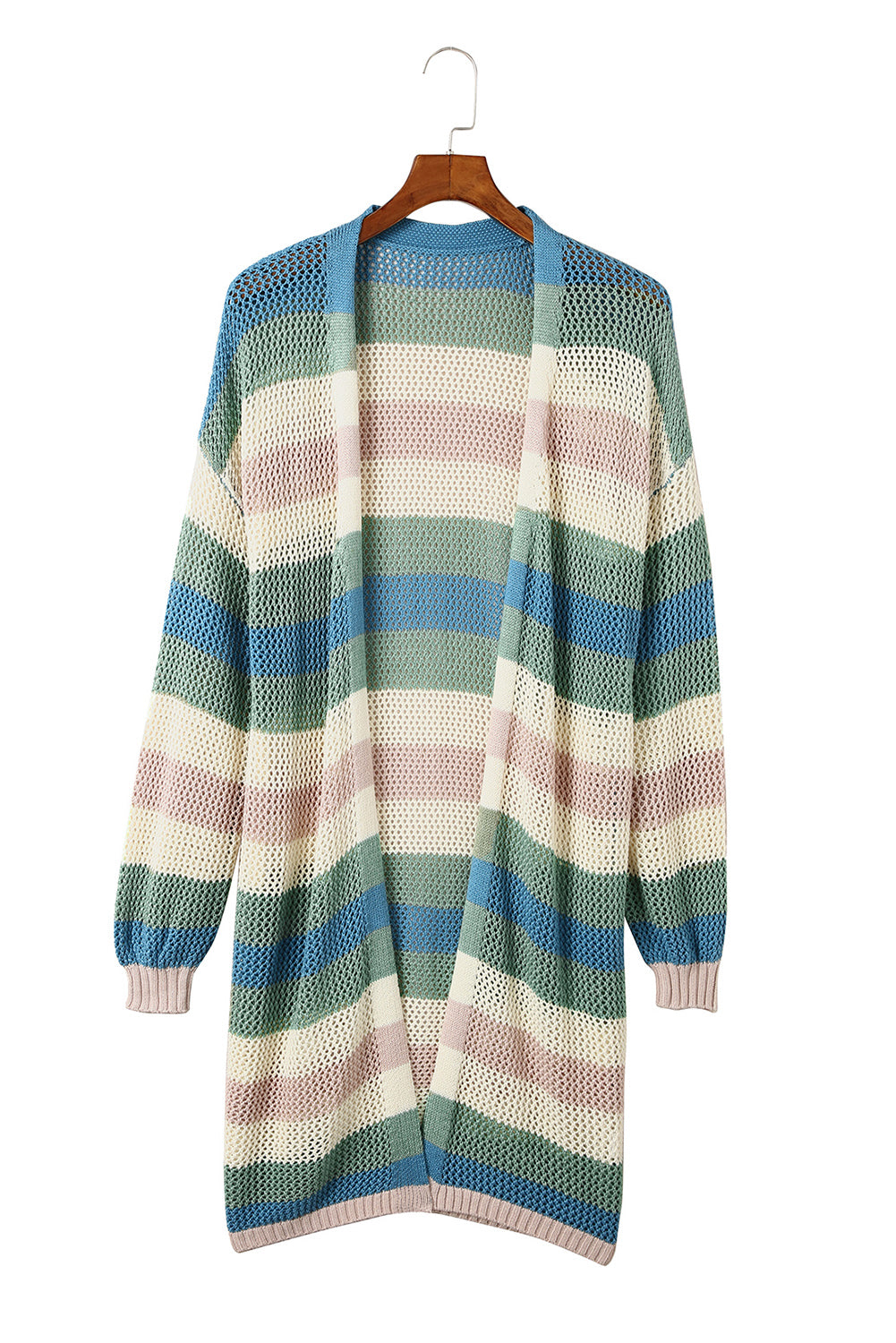Cardigan en tricot évidé à rayures vertes et blocs de couleurs
