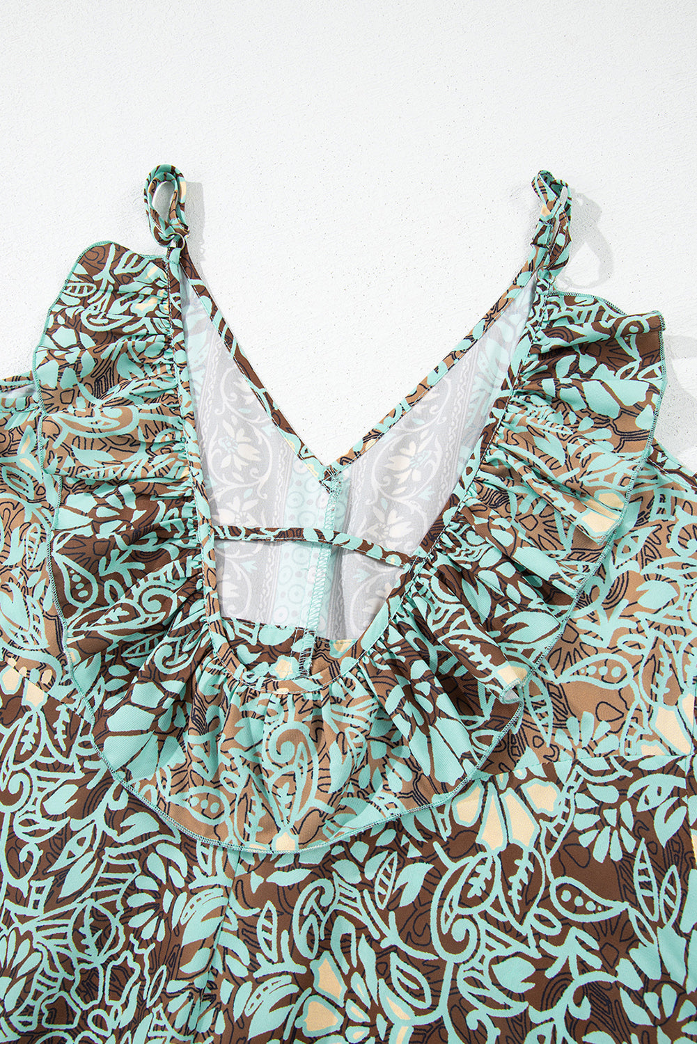Robe longue à imprimé floral, col en V, bordure à volants, dos nu, taille à pompons
