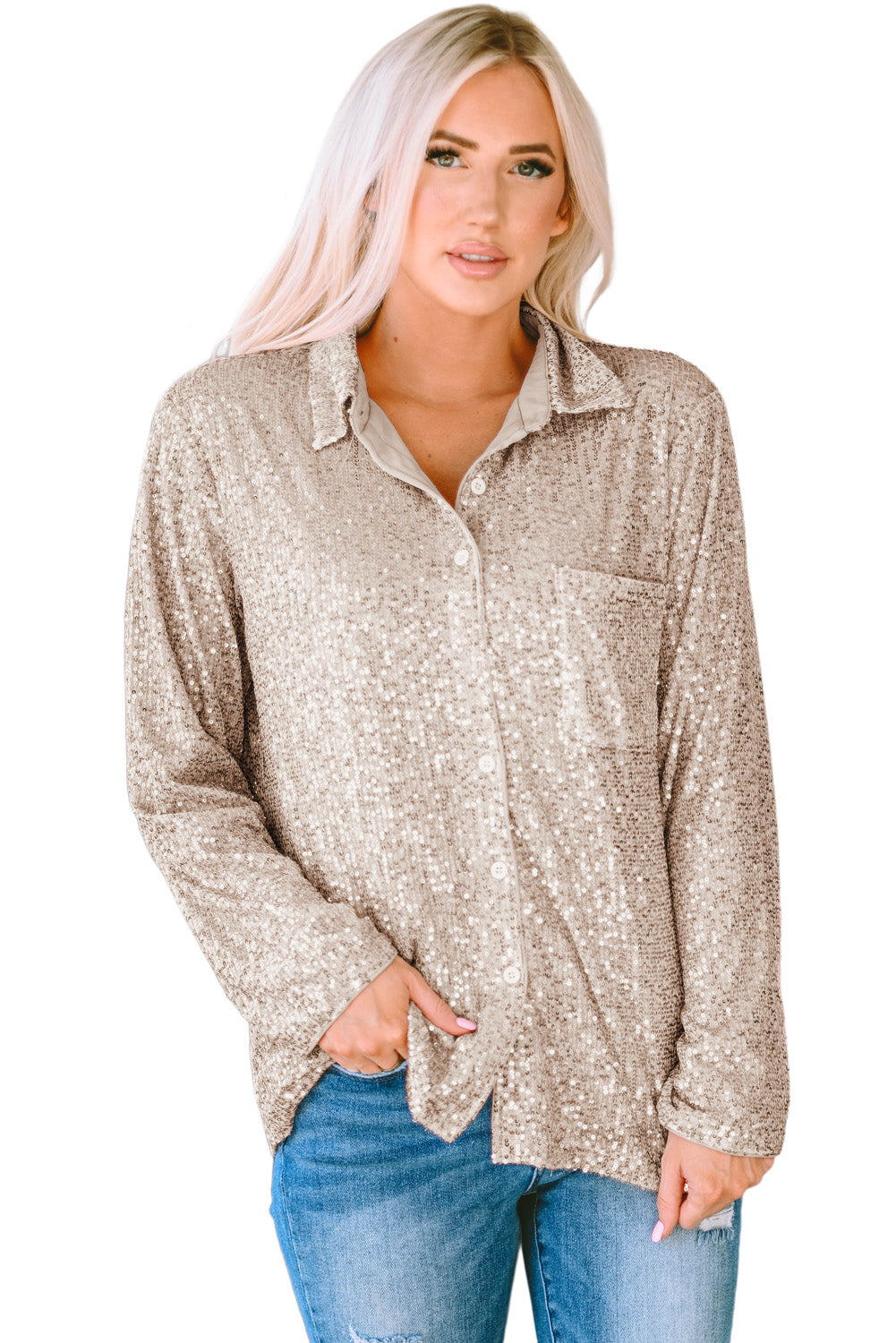 Chemise boutonnée avec poche buste et col à sequins