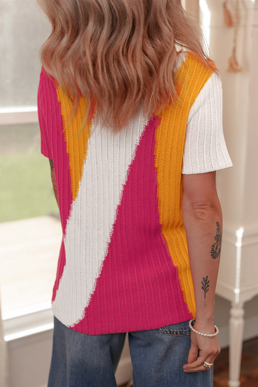 Pull a manches courtes en tricot texturé color block