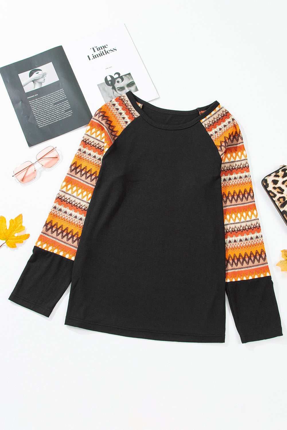 T-shirt a manches longues et patchwork raglan a imprimé géométrique