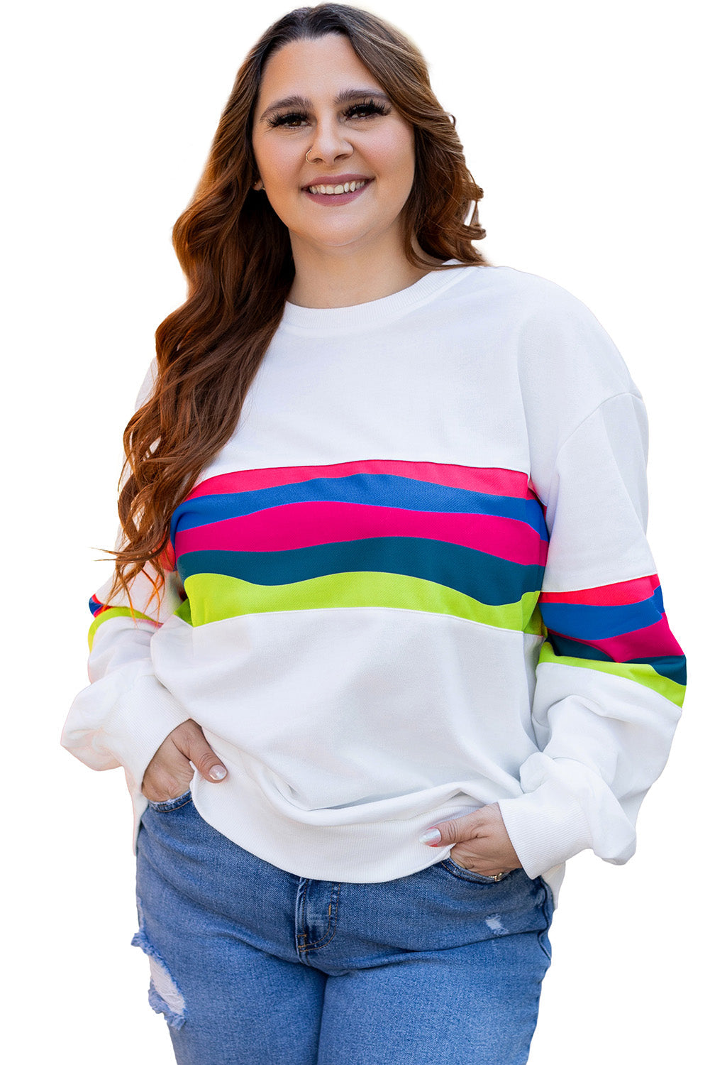 Sweat-shirt Ample Rayé Coloré a Goutte Épaule de Grande Taille
