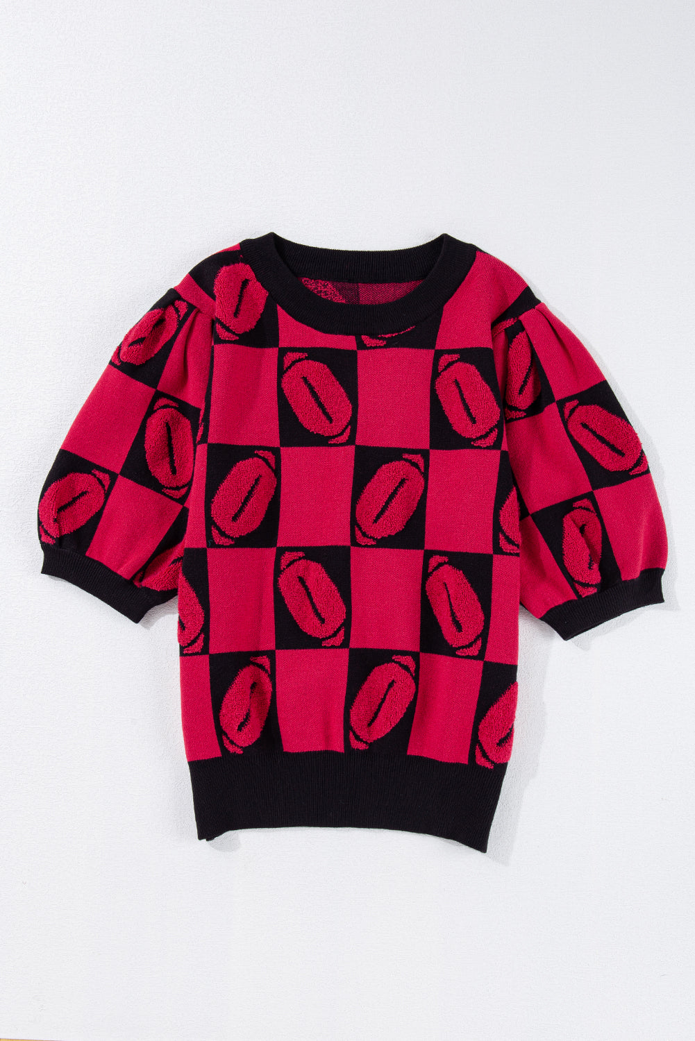 Pull a manches courtes bouffantes en blocs de couleurs a carreaux Rugby