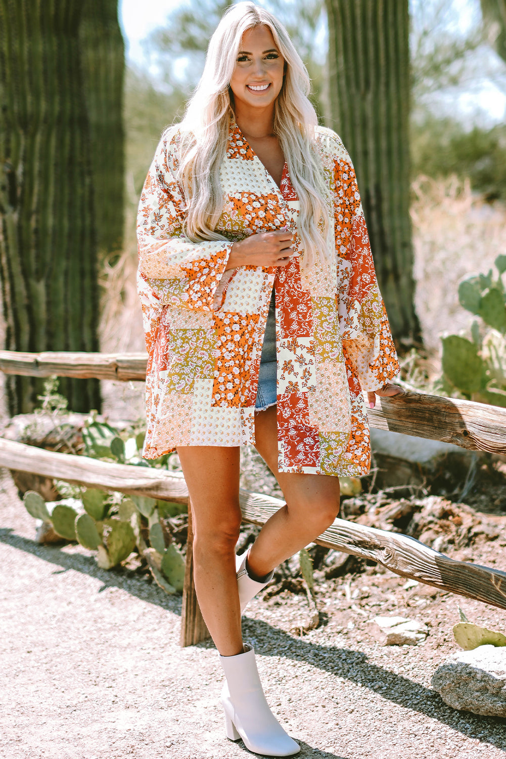 Kimono Boho Patchwork Floral Ouvert Sur Le Devant