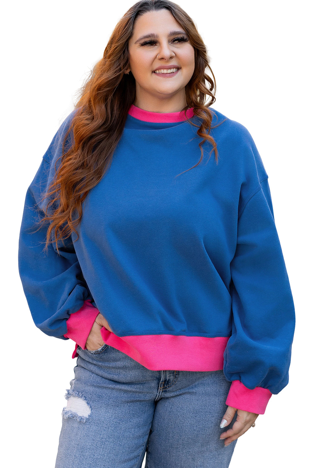 Sweat-shirt a Manches Ballon et Bordure en Blocs de Couleurs, Grande Taille