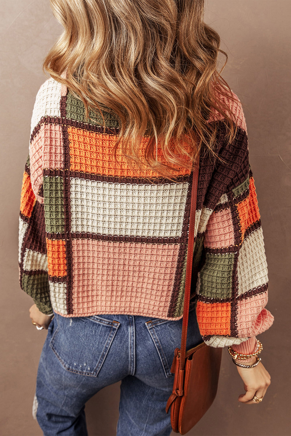 Pull à col montant avec cordon de serrage en tricot gaufré color block
