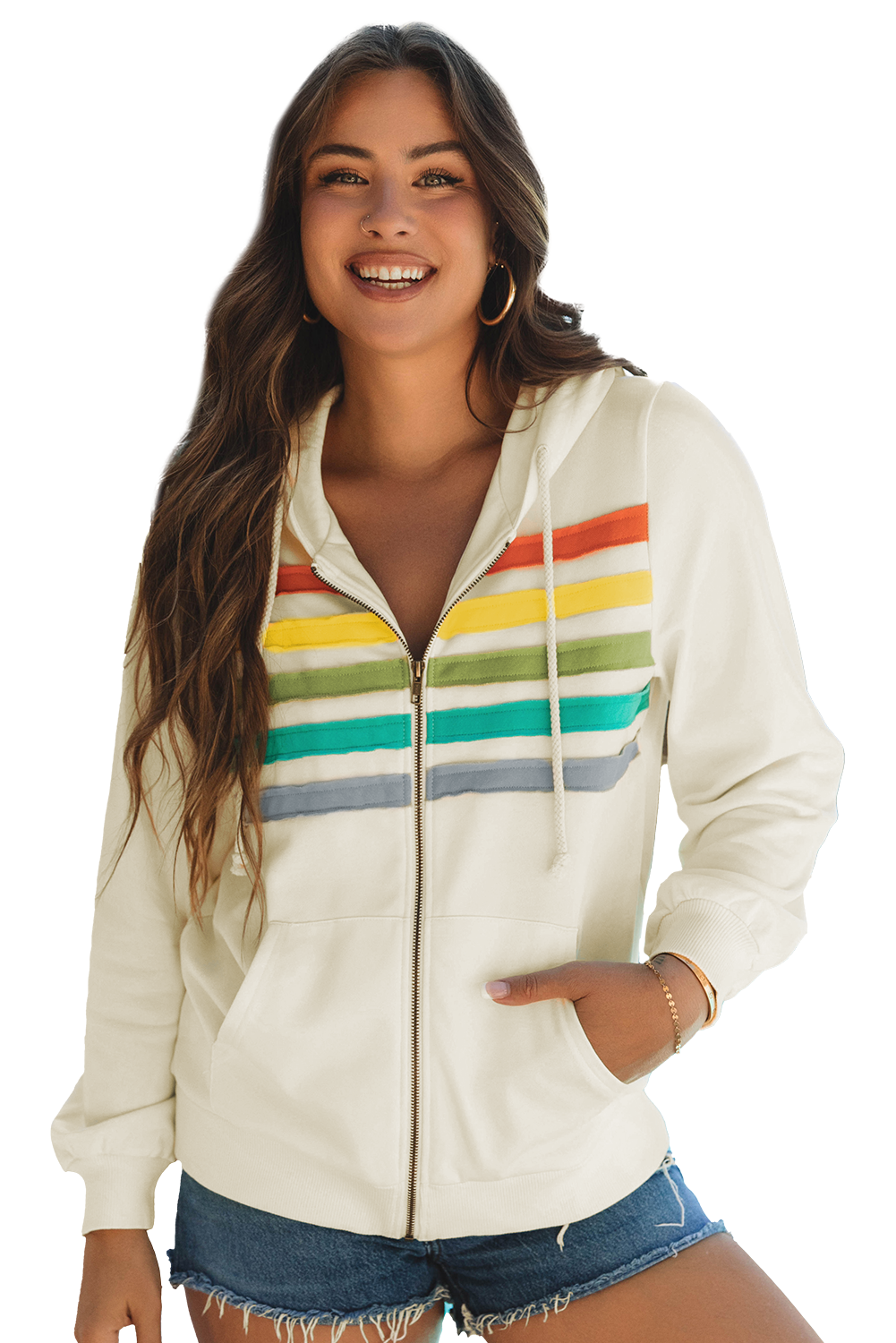 Sweat a capuche zippé a rayures color block et patchwork avec poches latérales