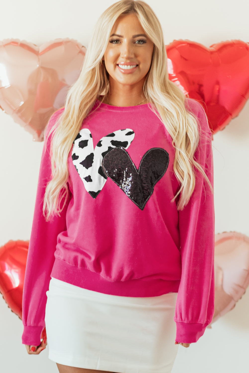 Sweat-shirt graphique a patch double cœur en vache et sequins