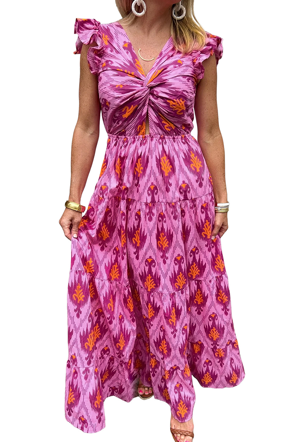 Robe longue torsadée à imprimé rétro, manches à volants sur le devant