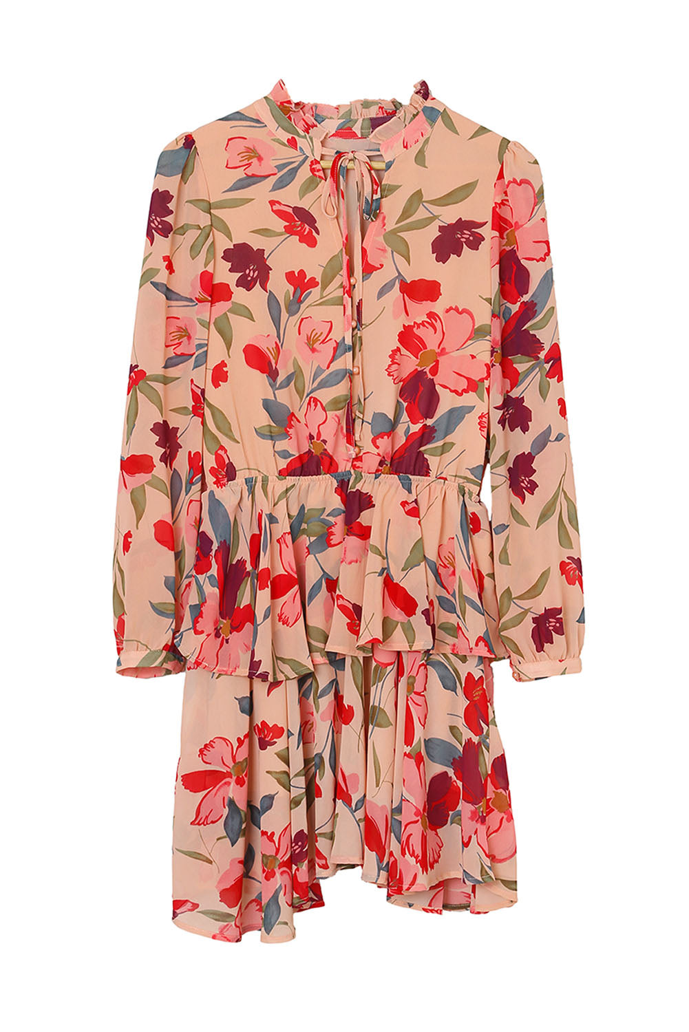 Robe florale à manches longues et col à volants rouge ardent avec volant