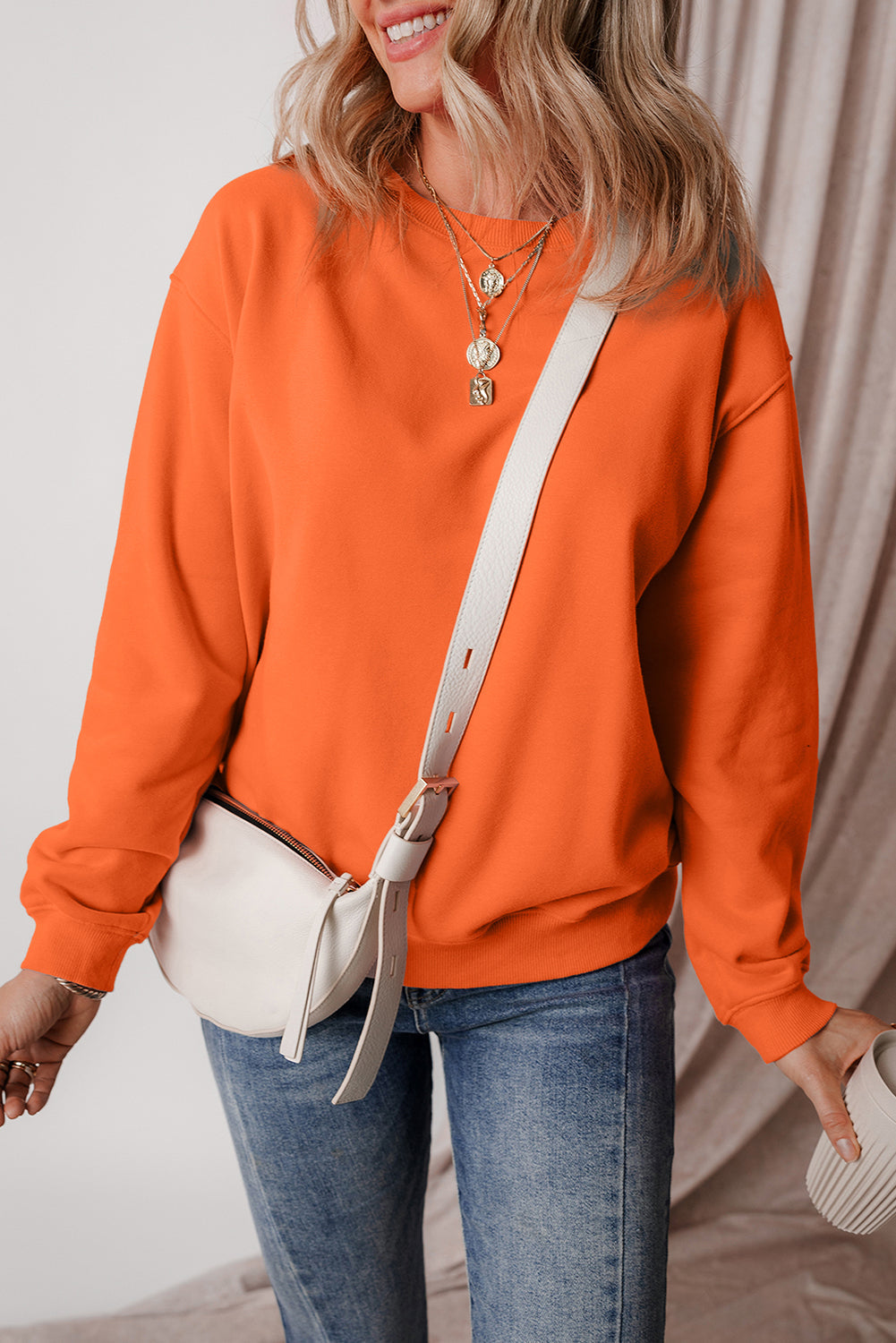 Sweat-shirt en tissu éponge à épaules tombantes doublé de polaire uni