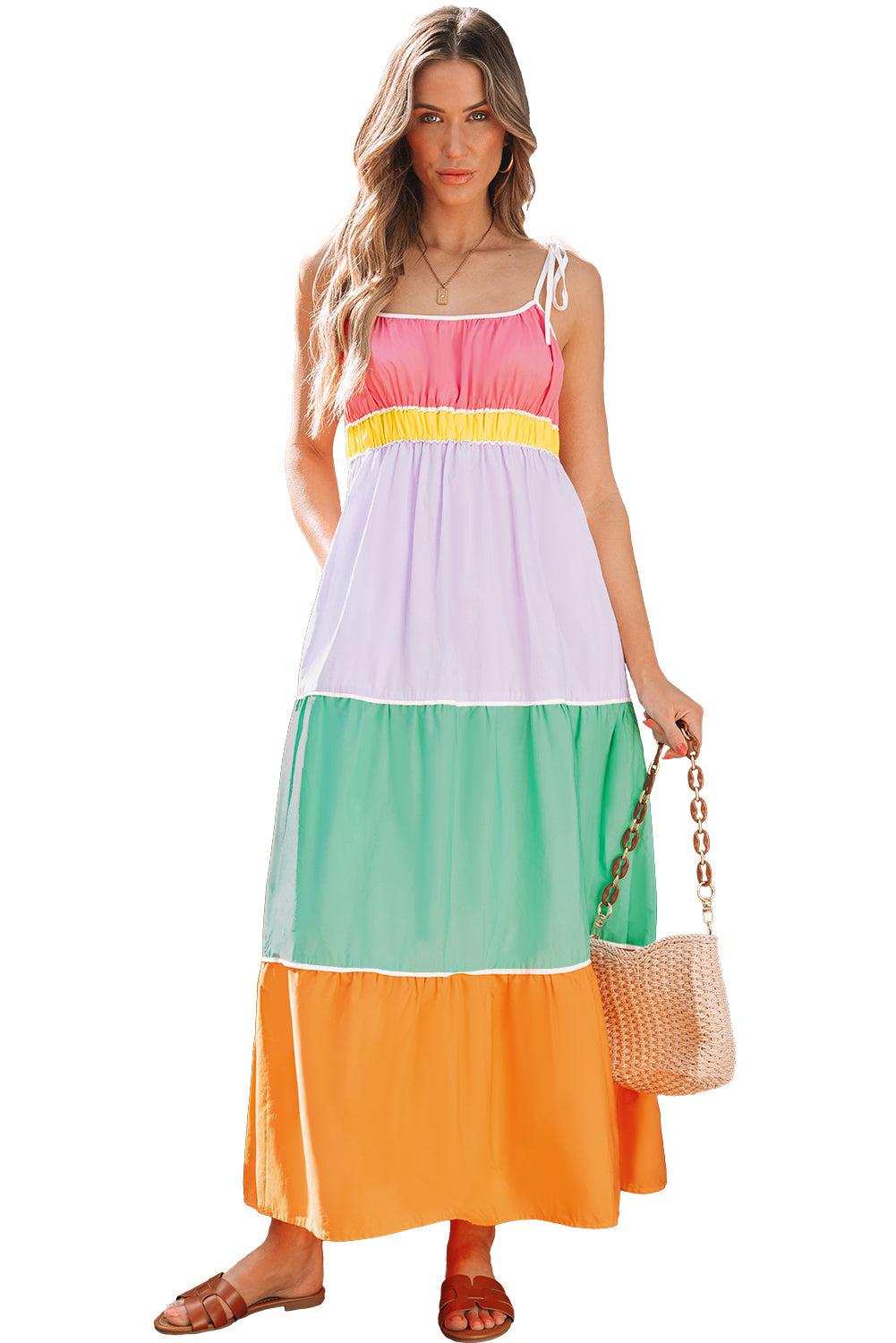 Robe longue fluide à taille haute et bretelles à nouer, colorblock, avec poches