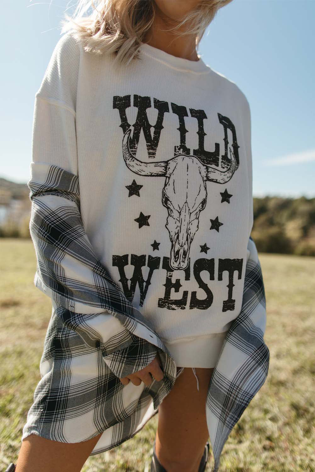 Sweat-shirt côtelé graphique WILD WEST Steer Skull