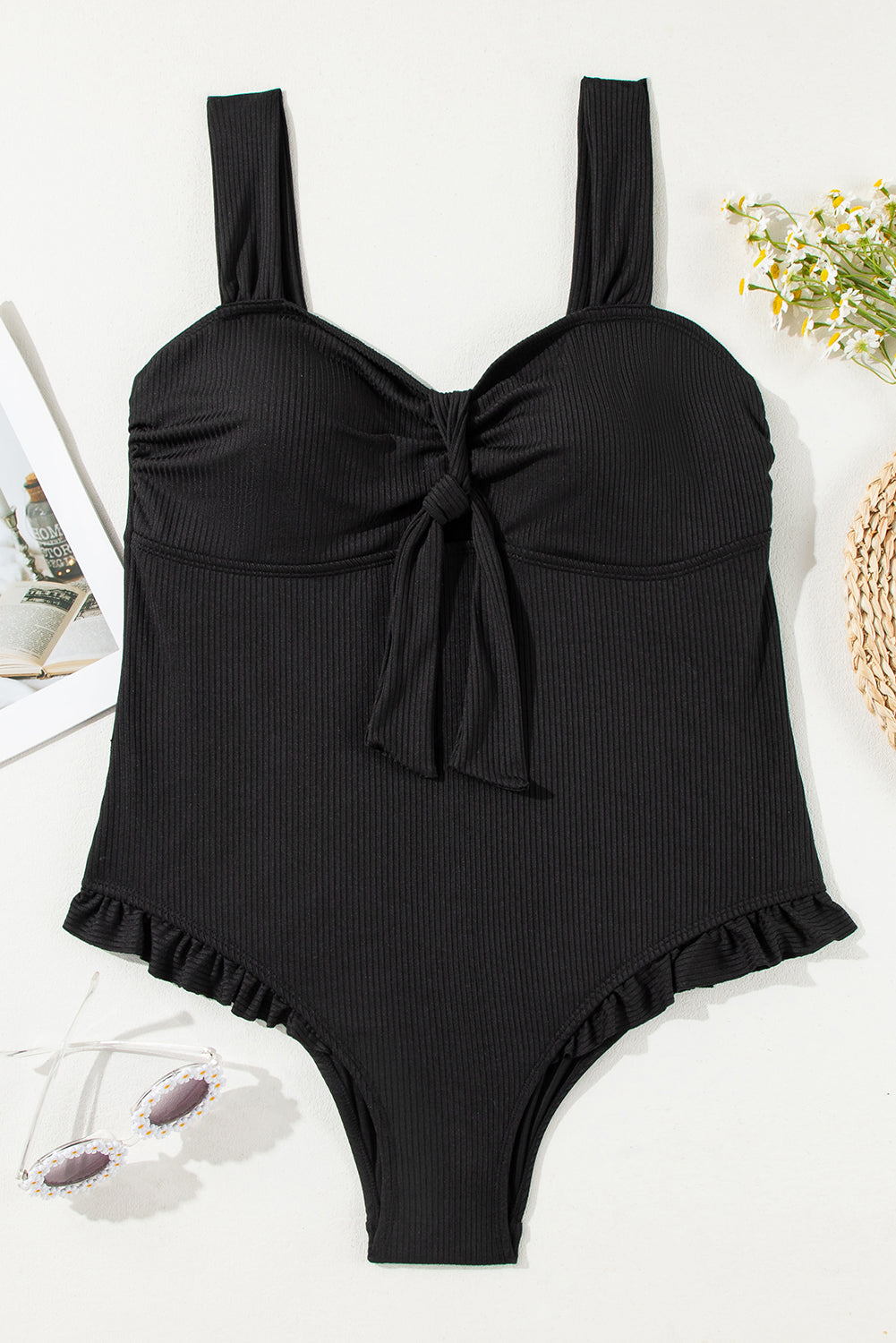 Maillot de bain une pièce texturé grande taille avec bordure à volants et nœuds