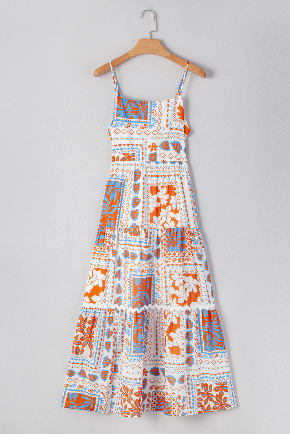 Robe longue à bretelles spaghetti et bordures en ricrac à imprimés multiples