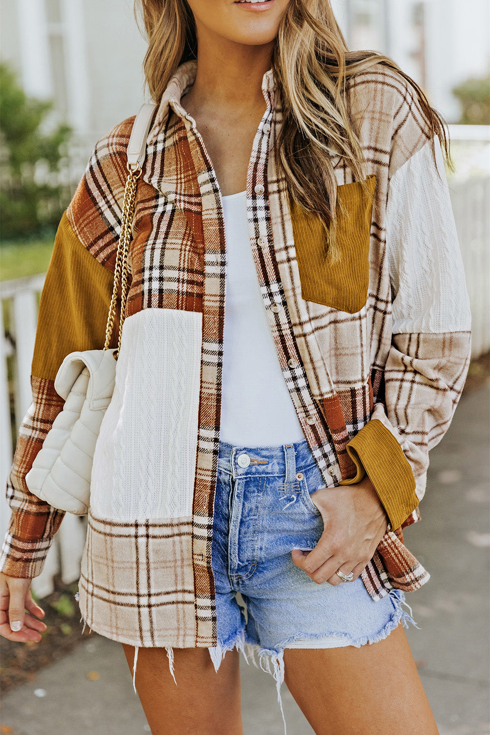 Veste chemise patchwork à carreaux orange avec poche et blocs de couleurs