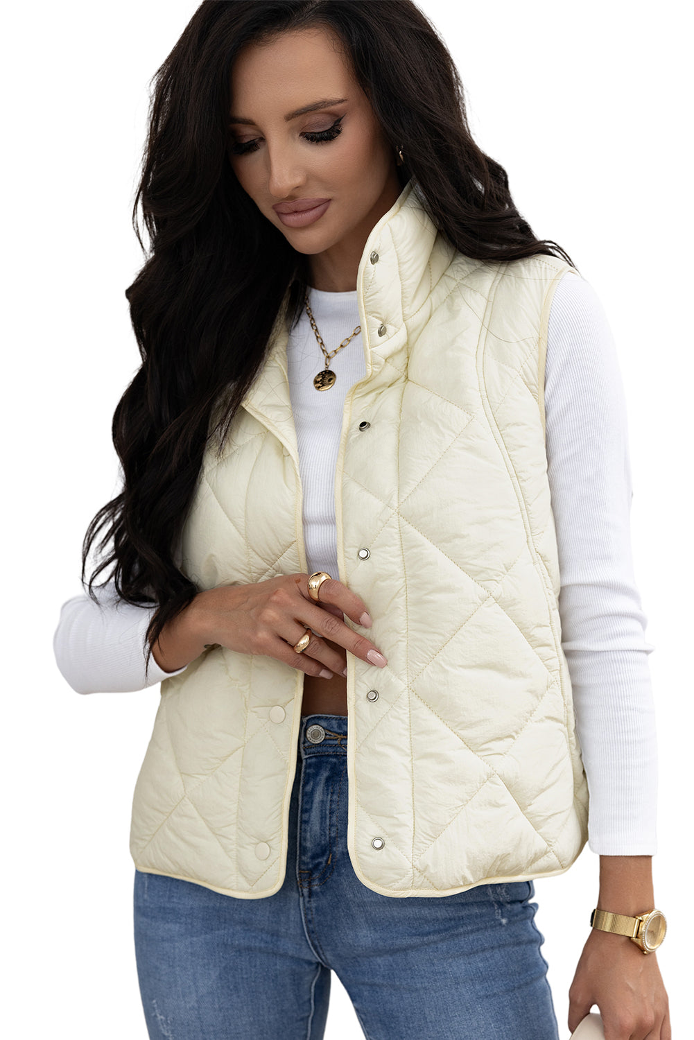 Manteau gilet matelassé a col haut et boutonné avec poche