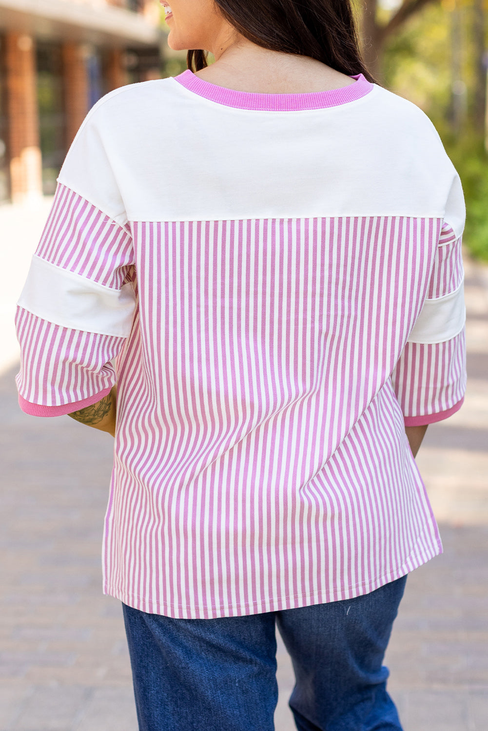 Haut décontracté rayé a manches 3/4 et patchwork