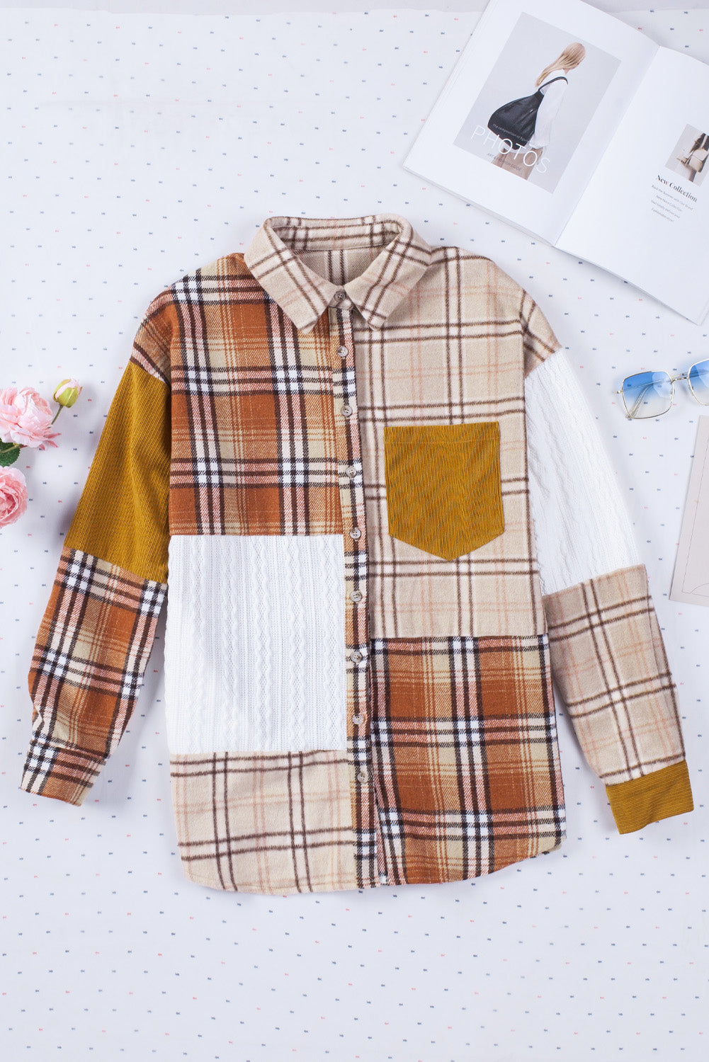 Veste chemise patchwork à carreaux orange avec poche et blocs de couleurs