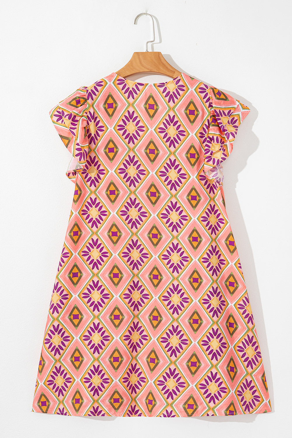 Mini-robe boutonnée à fleurs géométriques, col en V et manches à volants